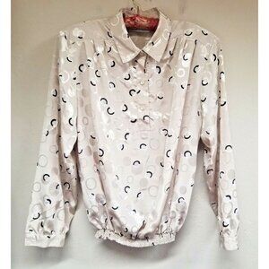 Vintage Da-Rue of California Womens Sz 16 Button Up Top Blouse Circle Print Tan